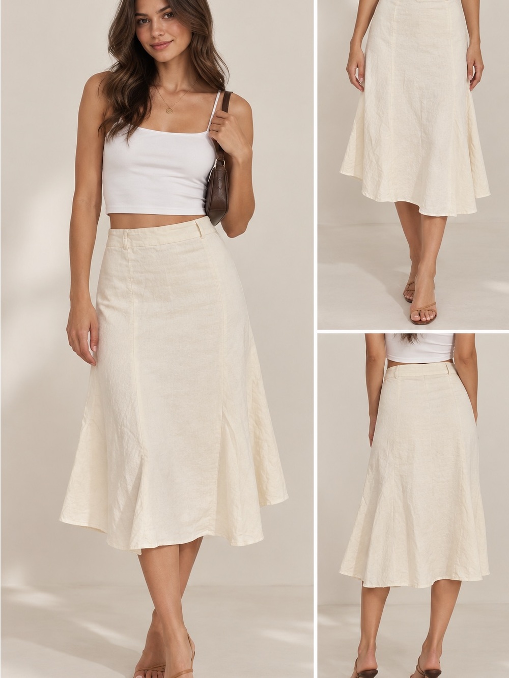 Women's Cream Midi A-Line Linen Skirt